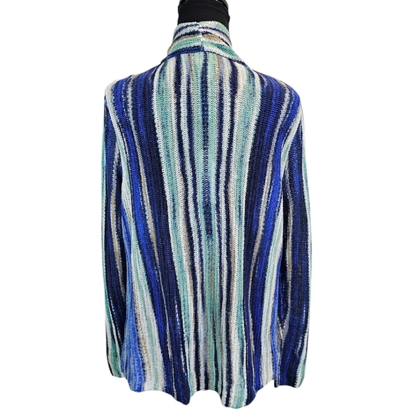NWT Chico's Boho Linen Broken Stripe Cocoon Sweater Cardigan Medium Blue Cozy - Picture 5 of 16
